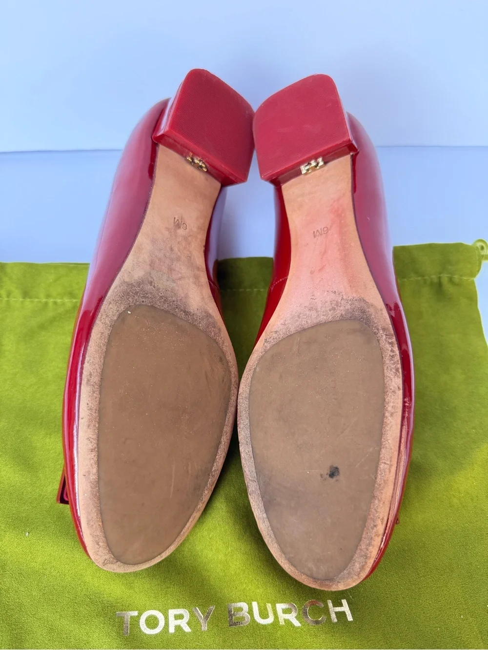 Tory Burch Gigi‎ Soft Patent Leather Low Block Heel Pumps Red Sz 6